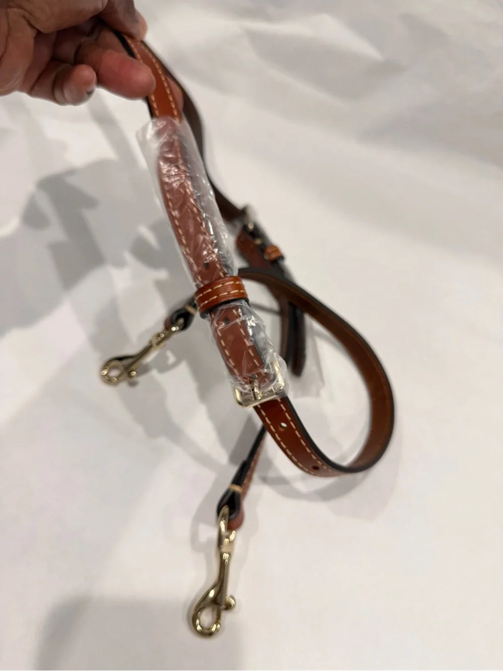 Adjustable Brown Leather Messenger Bag Strap with Light Gold Hardware